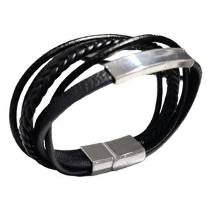 Men's Silver Leather Bracelet Trendy Black Twist With Metallic Bar